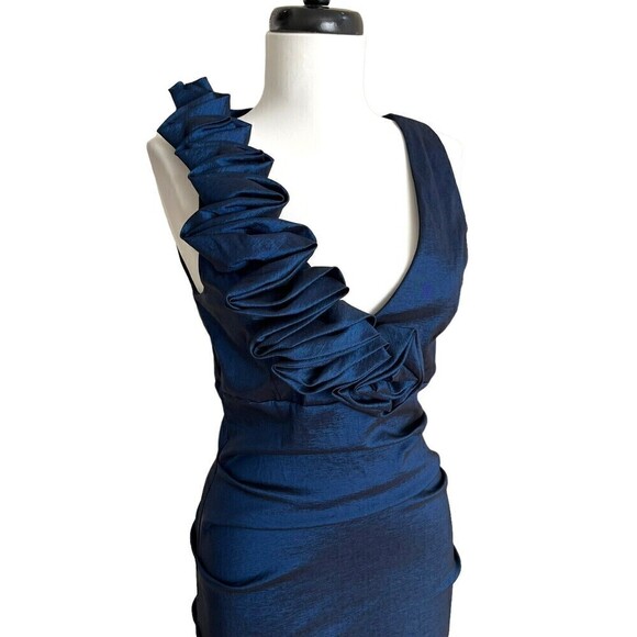 Betsy and Adam 3D flower ruffled Cocktail Dress sz S Rushed Navy Mob Wife - Picture 1 of 11